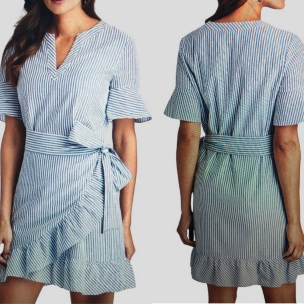 VINEYARD VINES Seersucker Dress Size 12 Blue Wrap Ruffle Ocean Reef